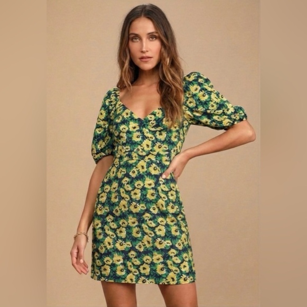 Lulu's Floral Inclusive Sunflower Puff Sleeve‎ Mini Dress